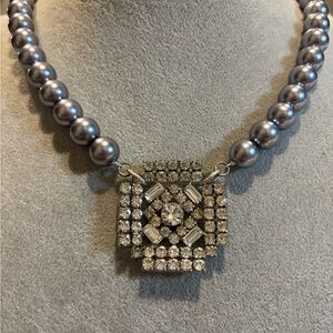 Handmade Elegant Silver faux Pearl Necklace with beautiful vintage pendant!